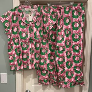 NEW Jaye’s Studios Holiday Pink & White Stripe Green Wreath Pajama Set XL 18-20